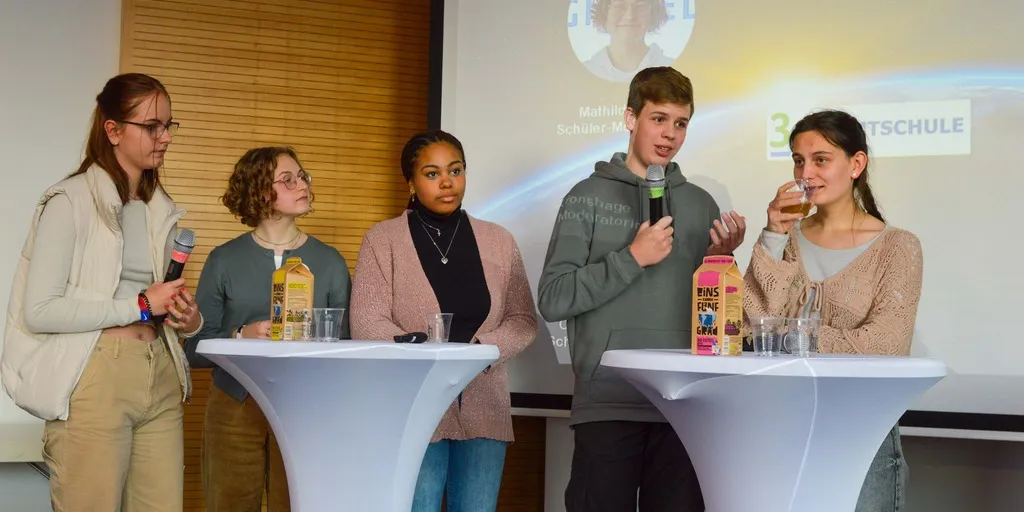 Eine Gruppe junger Menschen redet vor Publikum