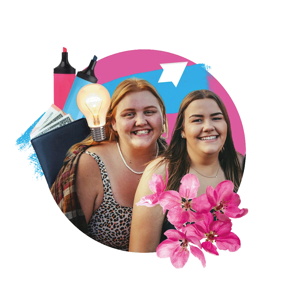 Zwei junge Frauen, lächelnd vor einem pinken Hintergrund, als Collage mit Blumen, Stiften und einer Geldbörse